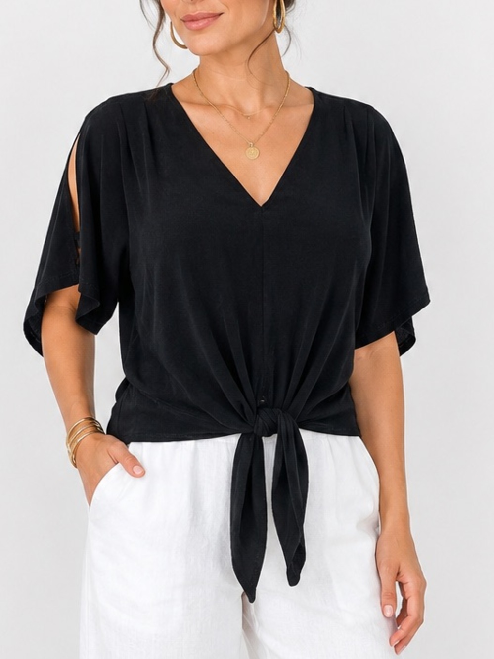 Chico’s Travelers Black Slinky Knit V-Neck Open-Sleeve Travel Tie-Front Top M